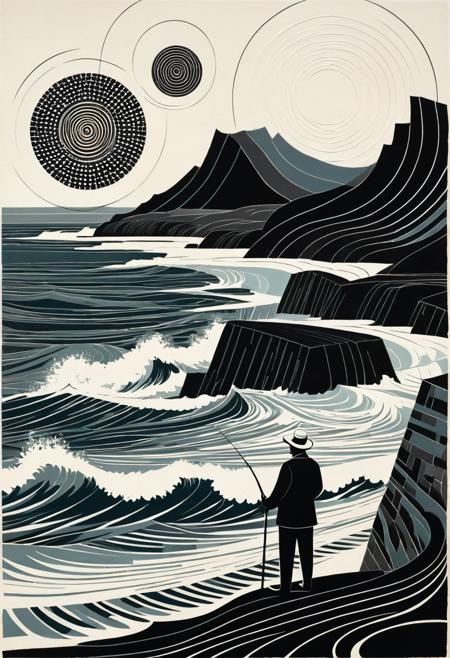 A fisherman standing on a rugged shore, his body realistically painted, but the waves behind him are swirling circles and abstract forms, structured graphic abstraction, narrative linocut aesthetic, geometric pattern play, mid-century illustration meets formalist precision, stylized architecture with abstract geometry, flattened perspective, optical tension, modernist printmaking, rhythmic line and form, monochrome and muted palettes, abstract spatial illusion, illustrative charm with non-objective depth, decorative modernism, visual balance of form and story, textural shape layering