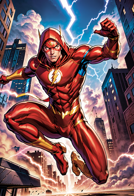 iboy, male focus, solo, looking at viewer, red body suit, lightning bolt symbol, flying through the sky, fight pose, thunderstorm, gold eyes, hooded body suit, the flash, dc comics, lightning bolt streaks, lightning fast, outdoors, city, sky, clouds,