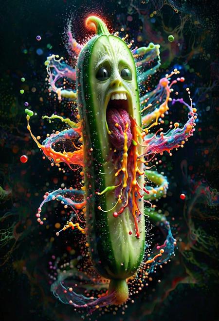 a cucumber with veiny human skin, with putrid stench wafting in the air and ais-particlez emanating in a dazzling array of colors, enveloping the entire scene. <lora:Particles_Style_SDXL:1>