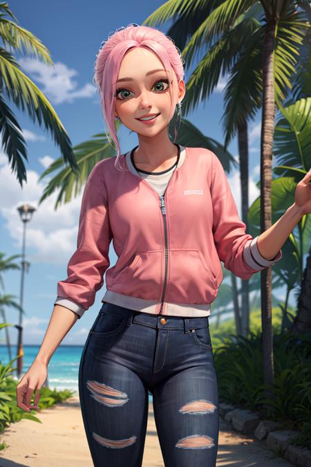 ((masterpiece,best quality)), absurdres,
<lora:Brooklynn_Jurassic_Park:0.5>, Brooklynn_Jurassic_Park,  pink jacket, torn jeans, 
solo, smiling, looking at viewer, cowboy shot, 
tropical background, cinematic composition, dynamic pose,