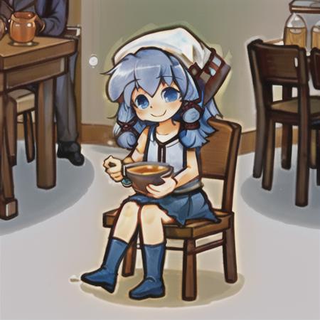 solo, magnolia, human, female, blue eyes, skirt, sitting, happy, table, bowl of soup, honey jar <lora:pk_magnolia_v2-000012:1>