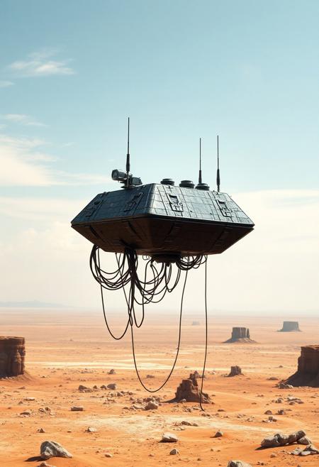 ultra high resolution, masterpiece, best quality, small featureless angular glossy black spacecraft with a heavily textured surface hovering low to the ground, underneath the spacecraft are cables hoses and wires, antennas on top, cables hanging from below, rectangular in shape, futuristic world, post apocalyptic landscape, anti gravity, in the atmosphere, sky, clouds, ground visible, hovering,  dry desert, rocky outcroppings