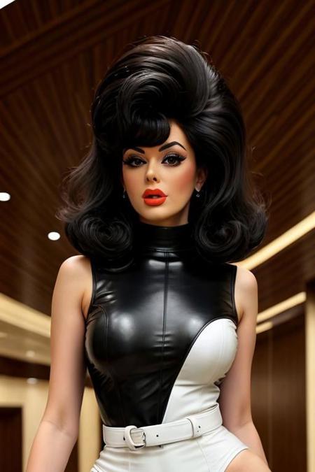 (big bouffant dark brunette 60's short bob hair:1.3), retro-girl"blue dress, croptop, summer attire, denise<lora:dns:1.0>bimbostyle, thick eyebrows, puffy lips, red lipstick, blush, heavy makeup, smirk, (high detailed face:1.1), <lora:add_detail:1>, (huge jet black 60's hair:1.3) (pale skin:1.3), <retrobunny:1.45>, (huge jet black 60's hair, huge jet black 60's bouffant hairstyle, huge jet black 60s hair, huge jet black flip hairstyle, huge jet black hair flip, huge jet black very big 60s bouffant hairstyle:1.3), ((big hair)), red lipstick, (high detailed skin:1.1), dynamic pose, eyes conatact, masterpiece, best quality, highly detailed, intricate details, detailed skin, detailed face, realistic, perfect anatomy, space background