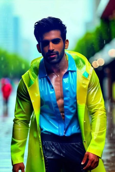 karan soni a man <lora:arjit-taneja_karan-soni:1>, wearing a rain coat, crop top, city street, bokeh, homoerotic, rainy day,