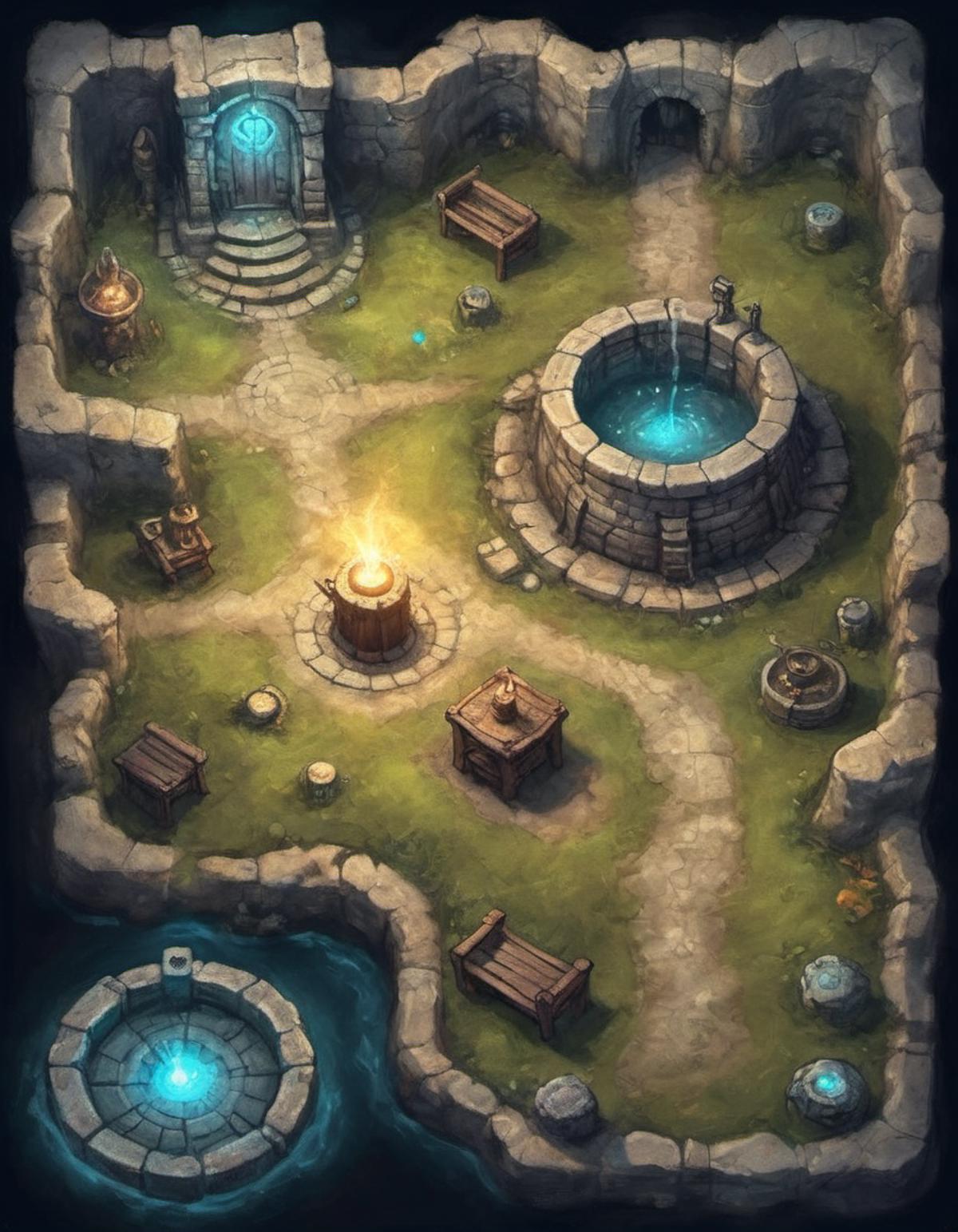 A Fantasy Map of a Stone Maze with Chambers and Blue Lights