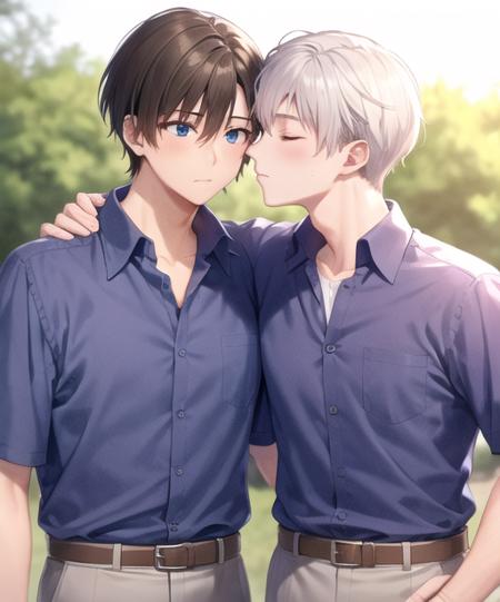 <lora:kissingcheek:0.7> kissingcheek, blush, short hair, bangs, blue eyes, brown hair, shirt, closed mouth, school uniform, collarbone, closed eyes, white shirt, upper body, white hair, short sleeves, grey hair, male focus, outdoors, multiple boys, collared shirt, belt, pants, 2boys, blurry, tree, blurry background, shadow, blue shirt, yaoi, purple shirt, hand on another's shoulder, shirt tucked in, brown belt, tokyo-3 middle school uniform