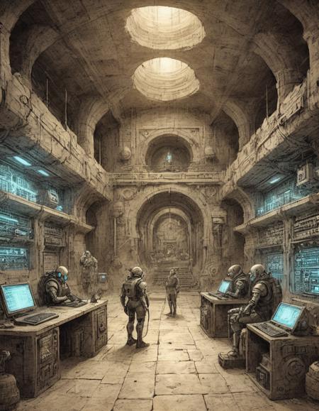 on parchment a cyberpunk base in the Ellora Caves with silver-brass robots cybersteampunk technicians at glowing computer panels cables and flux capacitors on metal shelves