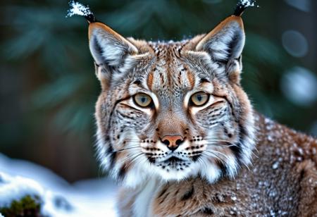 portrait, masterpiece, 4k, ray tracing, intricate details, highly detailed, hyper realistic, 8k RAW editorial photo.
an adorable lynx , head with a tilt and a slight blink. The lynx is feathers should be soft and fluffy, the background should be a  snowy forest, dramatic light, shallow depth of field, high budget,