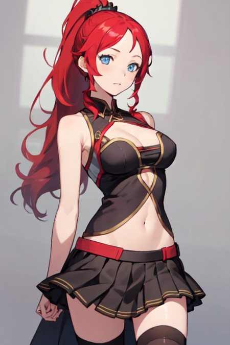 ArielRossi, 1girl, solo, very long hair, blue eyes, skirt, navel, cleavage, medium breasts, high ponytail, red hair, pleated skirt, sleeveless, black thighhighs, miniskirt, black skirt, clothing cutout, cleavage cutout, navel cutout