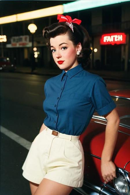 50s pinup postcard, in new orleans street at night,fuji velvia film, half body portrait, medium format 6x7 camera, harsh shadow, flash, faded, overexposed, blurry, pixelated, grainy, motion blur, red blue, low key<lora:add-detail-xl:-1>