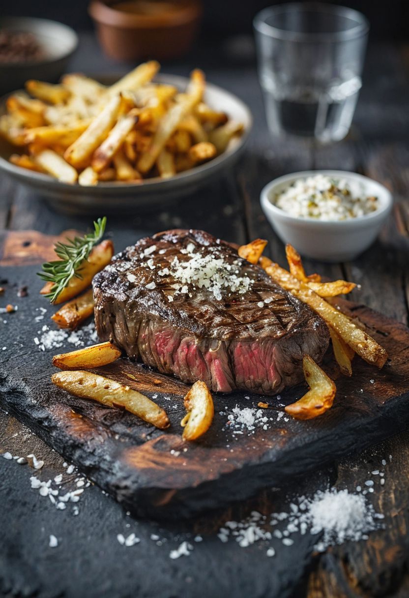 professional food photography, stunning photo of the most delicious steak with salt flakes ontop and crisp fries on a black slate plate on a rustic wood table, highly detailed, shallow depth of field, award winning photo, professional, intricate details, film grain, makro photography