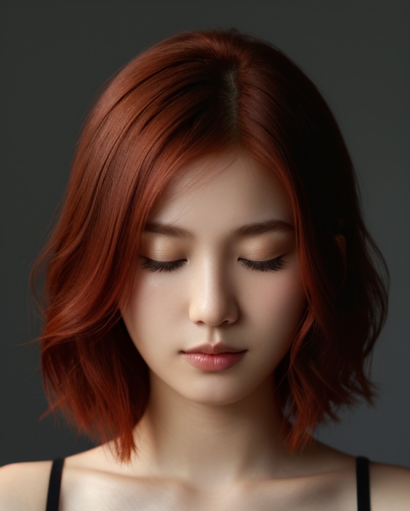 face closeup,closed eyes,beautiful redhead girl with short hair,dark theme, detailed skin, empty background,asian,japanese