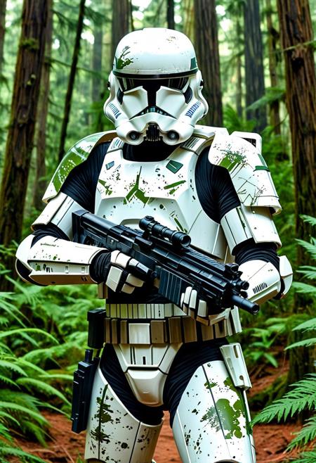 Manga style Poster with bold large fonts and graphics, On the Endor planet from Star Wars, forest background, outdoors, clone scout trooper from Star Wars episode II, painted with a camouflage pattern from the Kashyyyk planet, hyperrealistic textures, dirt particles on the armor, dirt particles on the helmet, reflections on the armor, after an epic battle, DLT-19x targeting blaster on shoulder, aesthetic, motion blur.