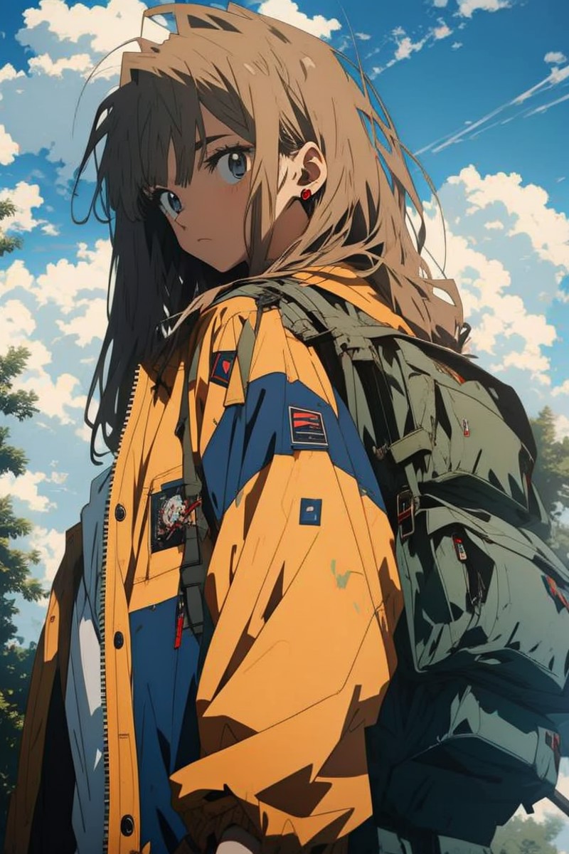 1girl,anime, jacket,sky