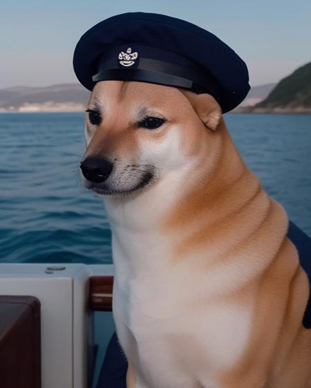 <lora:Cheems_50_2-000001:.85> fine art portrait of cheems as an old sailor on a boat far out to sea, wearing a sailor hat and navy uniform, centred composition, cinematic lighting