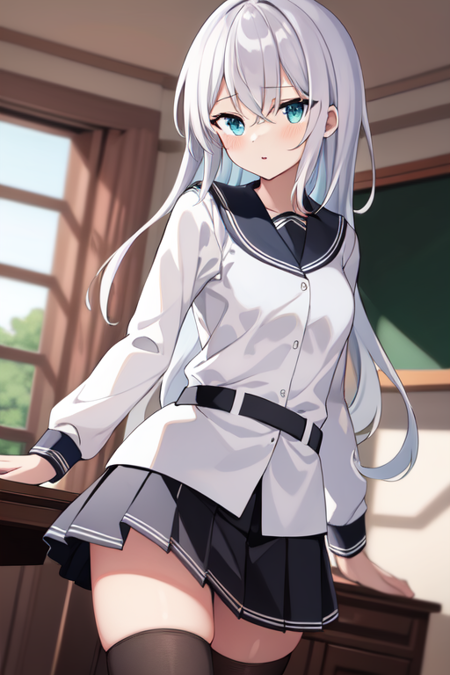 verniyKC,white hair, 1girl, solo, long hair, skirt, thighhighs, long sleeves, hat, school uniform, pleated skirt, serafuku, sailor collar, white headwear, flat cap