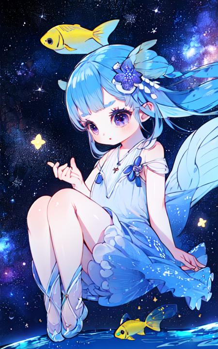 1girl, purple eyes, blue hair, flowers, hair ornament, floating in space, fish, water, stars, galaxy<lora:0mimimim0:1>