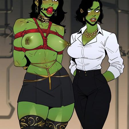 Score_8,score_9,green skin woman,hands behind back, topless, big breasts,skirt,miniskirt, athletic,thick thighs,jewelry, belly chain, necklace,nipple clamps connected by chain,gold shibari ropes,ballgag in mouth