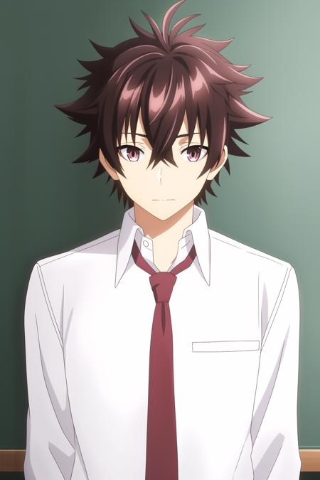 tenjou yuuya, 1boy, male focus, solo, brown hair, brown eyes, looking at viewer, school uniform, red necktie, chalkboard, upper body,