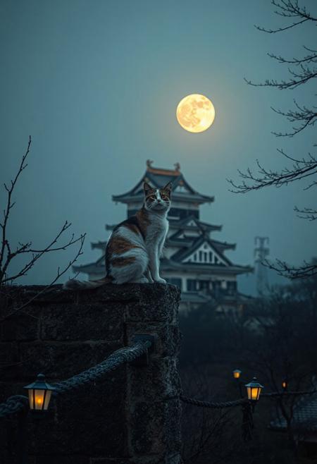 (Soft Lighting Photography by Mimoza Veliu and Mario Giacomelli:1.2), NSFW,  a cat sitting high on a Japanese castle wall.  The background is of a Japanese castle, full moon, laterns, japanese garden.