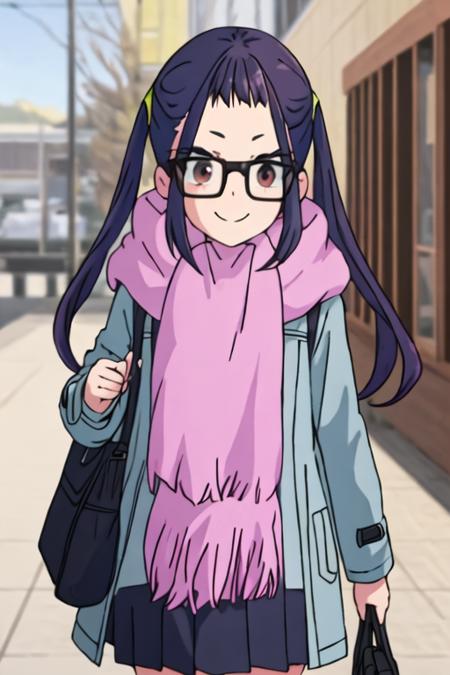 best quality, masterpiece, highres, solo, {ogaki_chiaki_yurucamp:1.15}, glasses, purple_hair, long_hair, brown_eyes, black-framed_eyewear, blue_hair, 1girl, blurry, blurry_background, bangs, closed_mouth, looking_at_viewer, coat, smile