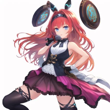 masterpiece, best quality, lsn\(shadowverse\), 1girl, solo, blue eyes, thighhighs, long hair, gloves, skirt, black thighhighs, white background, microphone, simple background, looking at viewer, hand on hip, hairband, black gloves, red hair, holding, orange hair, sleeveless, lsn_normal