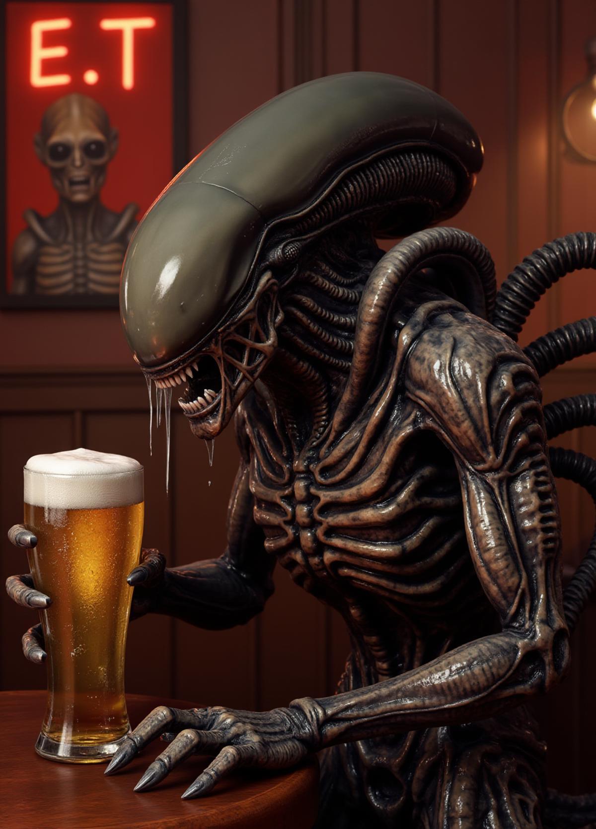 an alien xenomorph having a beer in a pub. his face is dripping wet. E.T poster in the background  <lora:Xenomorph:0.8>