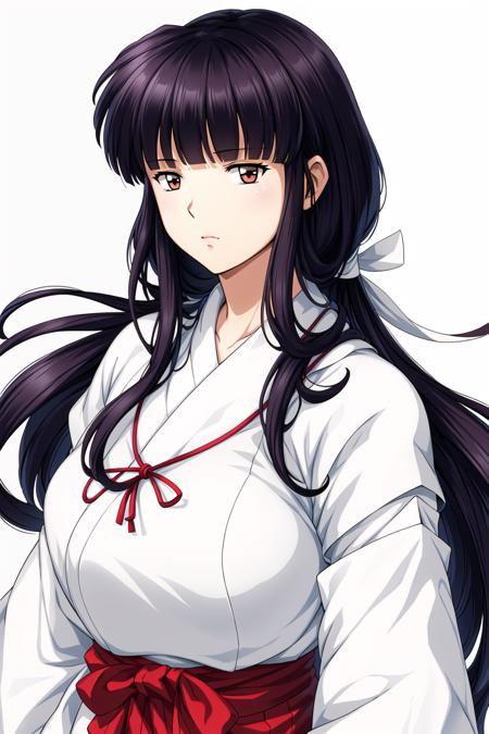 Simple White Background,
white kimono,White japanese clothes,wide sleeves,
(red_hakama:1.1),(red_skirt:1.1),
<lora:Kikyo_Inuyasha-KK77-V1_2:0.7>,
bangs, blunt bangs, brown eyes, long hair,Black Hair,
<lora:Oda_Non_Style-KK77-V2:0.3>,<lora:more_details:0.1>,
1 girl, 20yo,Young female,Beautiful Finger,Beautiful long legs,Beautiful body,
Beautiful Nose,Beautiful character design, perfect eyes, perfect face,expressive eyes,perfect balance,
looking at viewer,(Focus on her face),closed mouth, (innocent_big_eyes:1.0),(Light_Smile:0.3),
official art,extremely detailed CG unity 8k wallpaper, perfect lighting,Colorful, Bright_Front_face_Lighting,White skin,
(masterpiece:1.0),(best_quality:1.0), ultra high res,4K,ultra-detailed,
photography, 8K, HDR, highres, absurdres:1.2, Kodak portra 400, film grain, blurry background, bokeh:1.2, lens flare, (vibrant_color:1.2),professional photograph,
(Beautiful,large_Breasts:1.4), (beautiful_face:1.5),(narrow_waist),