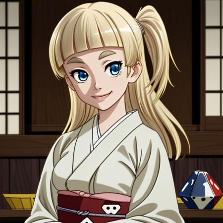 ((Medium-Shot)),<lora:Shirara V1:0.7> Tsubaki Shirara, blue eyes, blonde hair, blonde thick eyebrows, colored eyebrows, pale skin, (long hair), ((blunt bangs)), white kimono, dice pattern, ((one side up)),
Masterpiece, Best quality, beautiful, ((upper body)), Human, looking at viewer, crisp, clear, Digital painting, oil painting, best quality, detailed hair, detailed background, detailed body, detailed eyes, full body, cute, smile, medium breast, round breast, perfect body, 1girl, solo, hands, young female,
east asian architecture, japanese clothes,
ultra high resolution, raw photo, deep shadow, low key, natural light,
<lora:Furtastic_Detailer:0.5> <lora:hairdetailer:0.5>