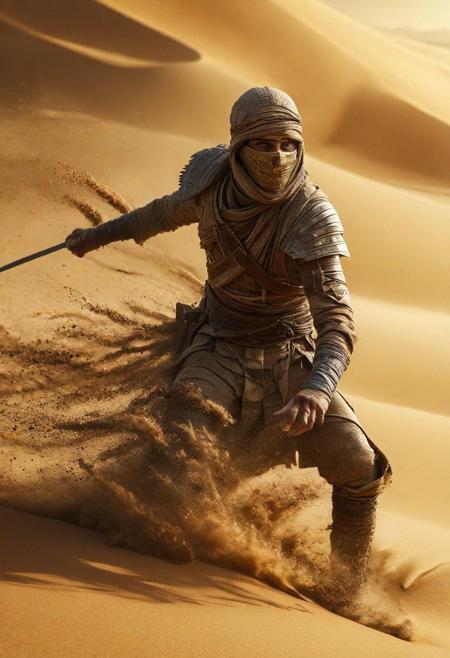 very dark focused flash photo, amazing quality, masterpiece, best quality, hyper detailed, ultra detailed, UHD, perfect anatomy, portrait, dof, hyper-realism, majestic, awesome, inspiring,Capture the thrilling showdown between the ancient mummy and the colossal sand boss in an epic battle amidst swirling dust and desert sands. Embrace the action and chaos as these formidable forces clash in the heart of the dunes. cinematic composition, soft shadows, national geographic style