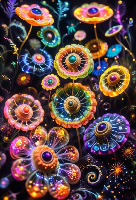 psychadelic, PsychadelicChaos, A psychedelic forest where the trees are made of flowing liquid glass, their branches twisting and stretching like molten tendrils of rainbow-colored light. The ground undulates like a living ocean, shifting between velvet and shimmering metal textures. Floating mushrooms with translucent caps pulsate with soft, hypnotic colors, releasing glowing spores that form fractal spirals in the air. Gigantic, shifting masks emerge from the ground, their expressions constantly changing as if whispering forgotten cosmic secrets. The sky above is a swirling vortex of neon clouds, morphing between impossible shapes and pulsating electric patterns.