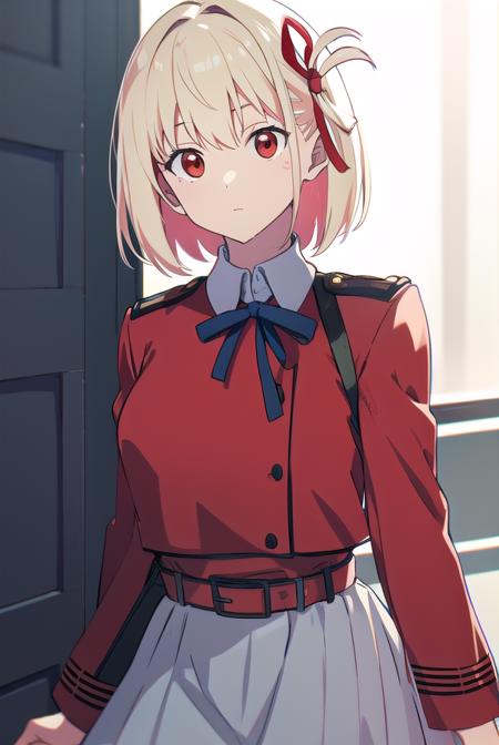 chisatonishikigi, <lyco:chisatonishikigi-LYCORIStest:1>, 
nishikigi chisato, short hair, bangs, blonde hair, (red eyes:1.5), hair ribbon, one side up, bob cut,
BREAK shirt, long sleeves, dress, ribbon, white shirt, collared shirt, belt, neck ribbon, red dress, blue ribbon, pleated dress, grey dress, two-tone dress, red belt, lycoris uniform,
BREAK outdoors, city,
BREAK looking at viewer, BREAK <lora:GoodHands-vanilla:1>, (masterpiece:1.2), best quality, high resolution, unity 8k wallpaper, (illustration:0.8), (beautiful detailed eyes:1.6), extremely detailed face, perfect lighting, extremely detailed CG, (perfect hands, perfect anatomy),