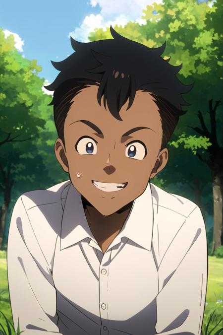 don, neverland, 1boy, solo, upper body, nature, sky, tree, grass, dark-skinned male, looking at viewer, shirt, black hair, smiling, white shirt, male focus, collared shirt, black eyes, parody, style parody, anime coloring, teeth,<lora:Don:0.7>