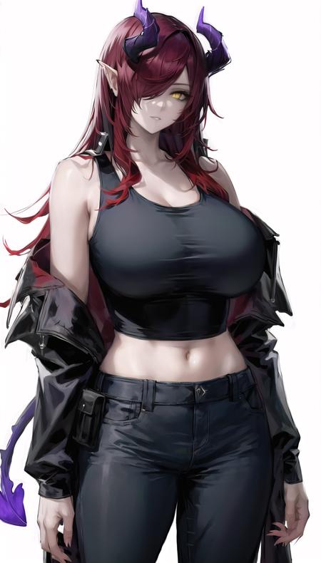 ascalon-hairstyle,horns,red hair,yellow eyes,hair over one eye,
(pants,tank top:1.18),demon tail,
lady,mature female,
cowboy shot, 
(white background, simple background:1.08),
highres,official art,original,masterpiece,best quality,
(huge breasts),
 <lora:ascalon4 2head:0.7>