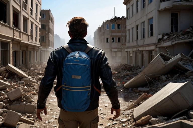 A photorealistic image of Eli, the wild adventurer, walking a narrow path through the devastated city. His leather jacket is dusty from travel and his muscular form moves effortlessly through the rubble of the city. Her shoulder-length, wavy brown hair is tied into a ponytail, and her piercing steel-blue eyes scan the dark, mysterious surroundings cautiously. A scar above his left eyebrow catches the sunlight that filters through the city. He wears beige cargo pants, sturdy boots, and a lightweight backpack filled with essential survival tools. The city is destroyed, the buildings are in rubble, spectacular shadows. ultra-high resolution natural lighting, 8K detail and deep contrast showcasing the textures of his clothes and the city. extra wide shot. lots of people in the city. rear view. imax high definition