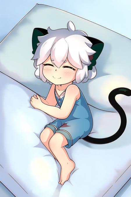 LuoXiaoHei, cat boy, (white hair), black tail, animal ears, green eyes,  cat ears, (closed eyes), solo, boy, eyebrows visible through hair,
barefoot, (pajamas), (panties),  blush, smile, short sleeves, on bed, lying, pillow,
exquisite and exquisite, fairy tale, incredible high details,  pixar style, bright color, natural light, ctane rendering,
gorgeous, ultra clear details, 8K, hd realistic, 8K hd realistic,