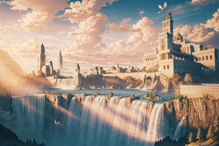 Conceptual art,European architecture,scenery,bird,outdoors,waterfall,tree,day,standing,from behind,solo,water,fantasy,castle,building,cliff,sky,blonde hair,<lora:oushijainzhu:0.8>,(Masterpiece:1,2),best quality,masterpiece,high definition,original,extremely detailed wallpaper,soft light,