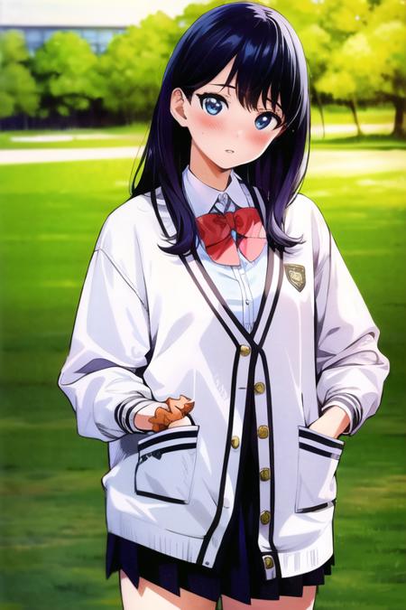 best quality, highres, absurdres, ultra detailed,  <lora:takaradaRikka_takaradaRikka:0.8>, TakaradaRikka, 1girl, solo, skirt, blue eyes, long hair, black hair, wrist scrunchie, bow, black skirt, hand in pocket, scrunchie, red bow, cardigan, pleated skirt, shirt, looking at viewer, school uniform, long sleeves, white shirt, bangs, orange scrunchie, white cardigan, blush, bowtie, copyright name, red bowtie, collared shirt, cowboy shot, miniskirt, parted lips