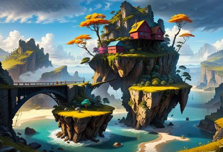 ((Floating Islands in the Sky):1.5), High in the sky, A bridge still stands, clinging to the side of the cliff with large metal legs which hold it in place, simon stalenhag, stormy weather, complementary colors, ((Highest quality:1.0),(High resolution:1.0), (masterpiece:1.0), (ground level view:0.6, viewer looking up:0.6), beautiful and aesthetic:1.3), extreme detailed, colorful, highest detailed,((ultra-detailed)),(highly detailed CG illustration),,