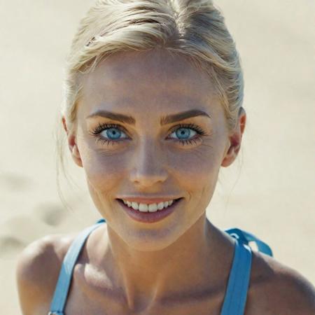 Full body framing, RTX, RAW photo, 8k, HDR, best quality, ultrarealistic, ultra-detailed, vignette, highly detailed, moody, epic,  film grain, Photo of a stunning  heroic blonde 74yo woman, blonde hair, pale skin, blue eyeshadow, makeup, face, cool, soft light, highly-detailed, ultra-realistic, lipstick portrait, face, black hair, ultra detailed hair, blue eyes, big open eyes, blue eyes, shimmering eyes, elongated ears, extremely beautiful, perfect face, well-detailed lips, perfect hands,  realistic skin texture, perfect teeth, smiling seductivly, naughty broad smile, smiling looking at viewer, looking at camera,  view from above, solo, light and shadow, dramatic lighting, teasing expression, rule of thirds, standing at beach, cleavage, backpack, summer midday, sunny, wet skin, shiny skin, wet hair,