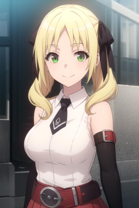 Esther Rosenthal long hair,blonde hair,twintails,hair ribbon,black ribbon,parted bangs,green eyes bare shoulders,white shirt,collared shirt,sleeveless shirt,black neckwear,large breasts,skindentation,red gloves,elbow gloves,belt,miniskirt,high-waist skirt,red skirt,pleated skirt,zettai ryouiki,garter straps,thigh strap,black thighhighs,boots,black footwear ------------------------------------------------------------------------------------------- collarbone,underwear only,purple bra,large breasts,navel,garter belt,purple panties,black thighhighs,loafers