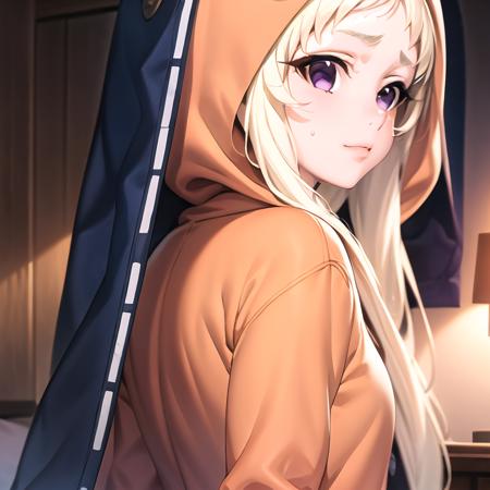 best quality, masterpiece, ultra-detailed, 1 girl, solo, yomozuki runa, blonde hair, purple eyes, long hair,  school uniform, kigurumi, black animal ears