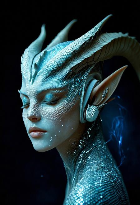 The image is a digital artwork rendered in a hyper-realistic, fantastical style. It features a humanoid figure with an otherworldly appearance. The subject has a slender, androgynous face with closed eyes, a delicate, almost porcelain skin texture, and a complexion covered in glittering, iridescent dust that shimmers with colors of blue and white, giving it an ethereal, magical quality. The figure's face is adorned with two large, curved horns that emerge from the top of the head, covered in a similar sparkling substance.
The figure's ears are long and pointed, resembling those of an elf or a mythical creature. The skin on the face transitions seamlessly into a scaly, reptilian texture on the neck and shoulders, which are covered in a pattern of white, cracked, and textured scales that add to the alien aesthetic. 
The figure wears a pair of sleek, white headphones with a metallic accent, placed over the ears, contributing to the futuristic yet fantastical theme. The background is a gradient of dark blue and black, with subtle, glowing blue particles swirling around, enhancing the mystical atmosphere. The overall composition is highly detailed, blending elements of fantasy and technology in a surreal, dreamlike scene.