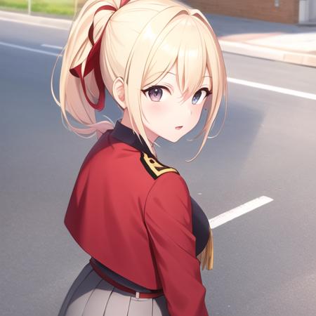 masterpiece, best quality, 1girl, blonde hair with ponytail, lycoris_uniform, in street, <lora:qqq-lr2-v1-000016:1>