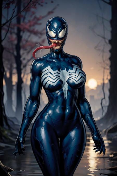 wading,looking at viewer,solo,water, sunset, onsen, wisteria,moody lighting, BREAK, 
CARTOON_MARVEL_she_venom_ownwaifu, www.ownwaifu.com, 
symbiote,  breasts, teeth, sharp teeth, tongue, long tongue, tongue out, large breasts, curvy, narrow waist, tall female, thick thighs, muscular female, thigh gap, 
bodysuit, skin tight, superhero, monster girl, silk, latex, black bodysuit, covered navel, mask, no eyes, shiny, cameltoe, 
<lora:CARTOON_MARVEL_she_venom_ownwaifu-15:1> ,