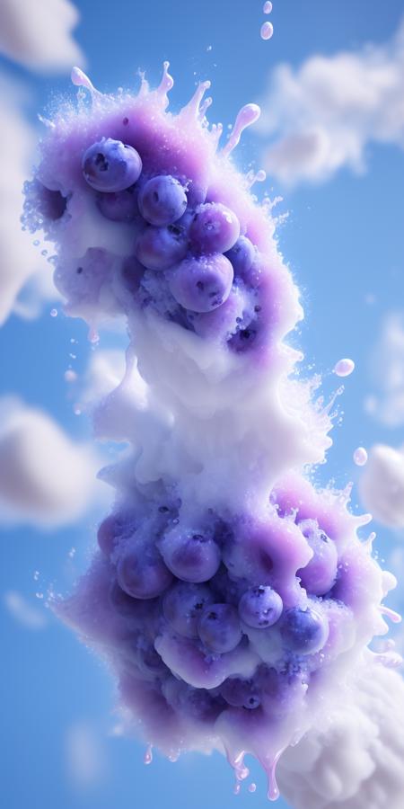 Blueberries in cream: A handful of luscious (blueberries:1.3) falling into a cloud-like puff of whipped cream, creating a splash of cream that freezes in a moment of sheer beauty. Rendered with Cinema 4D's fluid simulation, the spectacular cream and blueberry interaction is a visual feast, honed with Gamma Correction and Tone Mapping, taking cues from the artistic vision of Alex Roman and Beeple (Liquid Splash:1.2):(Fluid Art:1.2) 