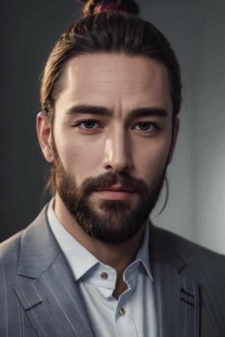 Best quality, masterpiece, ultra high res, portrait, (photorealistic:1.4), raw photo, handsome manly man, Top Knot, wearing suit, beard, detailed face textures,