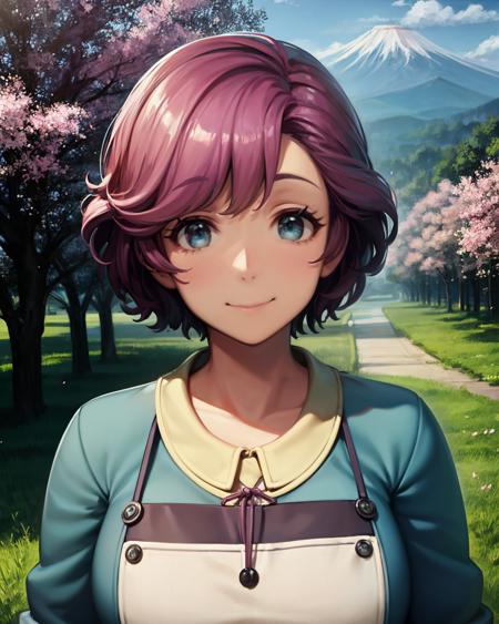 best quality, (masterpiece:1.2), illustration, absurdres,
(1girl), (solo), (beautiful detailed girl), ((upper body, portrait)),
<lora:LinaCrawford-000008:1>, Lina Crawford, short hair, pink hair, blue eyes,
green shirt, white apron, blue skirt, blue shoes,
looking at viewer, happy,
distant mountains, cherry trees, cherry blossom, petals, japanese architecture, river,