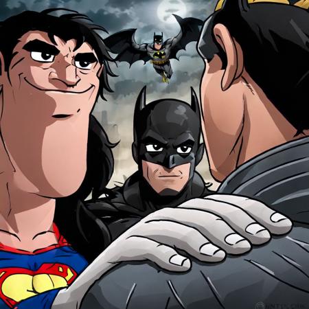 a  cartoon superman and batman,  <lora:memehand:0.85>