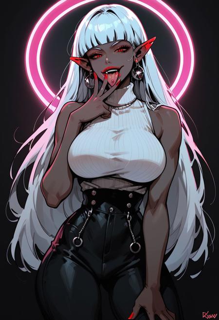 score_9, score_8_up, score_7_up,  1girl, solo , drow, ((dark grey skin)), red eyes, pointy ears,  tomboy, hime cut, (white hair), large breasts, huge breasts, growing breasts, thick legs, thick thighs, thick ass, curvy ass, large ass, large hips, massive breasts, lipstick, lips, curvy, narrow waist, toned, cleavage, wide hips, breasts, (Voluptuous body, huge breasts, thick thighs) smooth colouring, smooth lines, feminine,abs, white sleeveless turtleneck, looking at viewer, close up ,  ,,,  neon city, neon signs,  (close up:1.3),  ,flirty, smirk, (big lips:0.7), neon, g0thicPXL,  red nails,
 cunnilingus gesture, v ,tongue out, tongue piercing